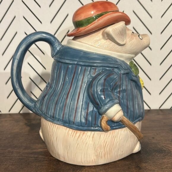 1987 Fitz & Floyd Pig Pitcher Removable Hat Cane Hand-Painted Ceramic 1.5qt VTG - Picture 4 of 11